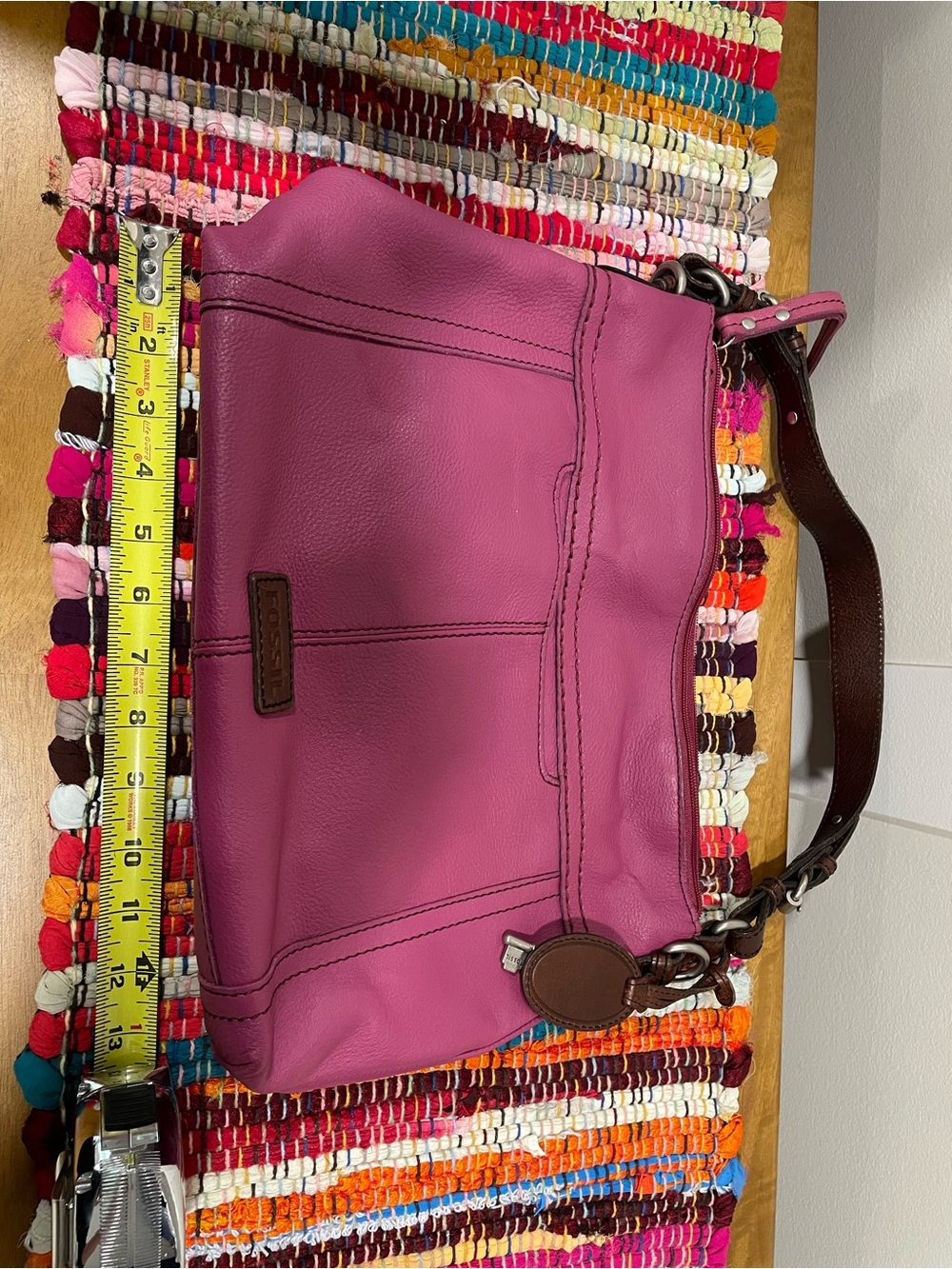 Fossil Pink Leather Shoulder Bag with Dark Brown Strap - Picture 3 of 9